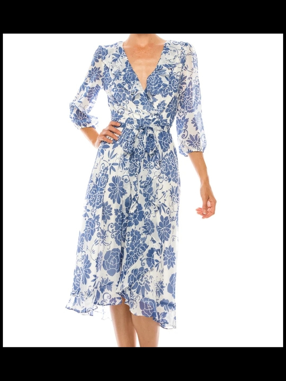 Julian Taylor White and Blue Floral Wrap Midi Dress